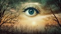 A surreal dreamlike image of eyes in the middle of a field. AI generative image.