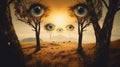 A surreal dreamlike image of eyes in the middle of a field. AI generative image.