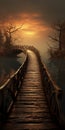 Ethereal Fantasy: A Stunning Wooden Bridge Over Water Royalty Free Stock Photo