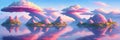 Surreal and dreamlike landscape of floating islands suspended in a pastel-colored sky