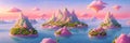 Surreal and dreamlike landscape of floating islands suspended in a pastel-colored sky