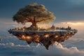 surreal upside-down tree with roots exposed in sky above floating islands Royalty Free Stock Photo