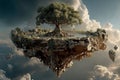surreal upside-down tree with roots exposed in sky above floating islands Royalty Free Stock Photo