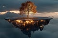surreal upside-down tree with roots exposed in sky above floating islands Royalty Free Stock Photo