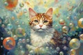 In a surreal dreamscape, a cat with a mischievous grin floats among floating bubbles. Its abstract style adds a sense of wonder to