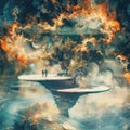 Surreal dreamscape with a couple on an island floating in a cosmic sea under a fiery sky