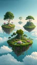 Surreal dreamscape of floating islands with lush greenery and trees in a