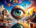 Surreal dreamscape with giant eye floating objects vibrant colors Royalty Free Stock Photo