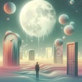 Surreal dreamscape with melting moon floating clocks, and infinite doors Royalty Free Stock Photo