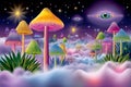 Surreal dreamscape with vibrant psychedelic mushrooms and cosmic eye Royalty Free Stock Photo