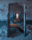 Surreal dreamy imaginary with infinity doors in old ruin with scary rattlesnake coils, Punta Rossa, Caprera, Sardegna