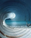 Surreal dreamy imaginary sea landscape inside an empty nautilus shell, night scene with starry sky and moon Royalty Free Stock Photo