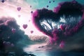 Surreal dreamy valentine`s day nature landscape. Pink valentine heart shape of forest tree with flowers. Fantasy abstract love