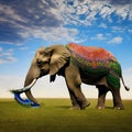 A surreal elephant with a peacock tail, radiating elegance and majesty in a whimsical landscape5, Generative AI