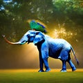 A surreal elephant with a peacock tail, radiating elegance and majesty in a whimsical landscape1, Generative AI