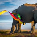 A surreal elephant with a tail of rainbow ribbons, radiating joy and happiness in a vibrant landscape2, Generative AI
