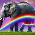 A surreal elephant with a tail of rainbow ribbons, radiating joy and happiness in a vibrant landscape1, Generative AI