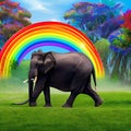 A surreal elephant with a tail of rainbow ribbons, radiating joy and happiness in a vibrant landscape5, Generative AI