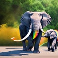 A surreal elephant with a tail of rainbow ribbons, radiating joy and happiness in a vibrant landscape4, Generative AI