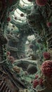 Surreal exploration of a complex inner space filled with tumors, evoking deep reflection and emotion
