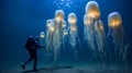 Surreal Exploration: Divers Mesmerizing Encounter with Huge Bioluminescent Jellyfish, Generative AI