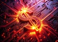 A Surreal Exploration of Financial Power Glowing Dollar Sign on a Red Circuit Board Abstract Visualizing Investment