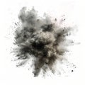 A surreal explosion of soft dust particles, creating a swirling cloud effect with shades of gray on white.