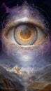 Surreal Eye Above Mountain Landscape with Geometric Sphere and Starry Sky Royalty Free Stock Photo