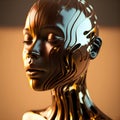 Surreal face of mannequin made of metal and gold. Contemporary art and modern concept.