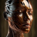 Surreal face of mannequin made of metal and gold. Contemporary art and modern concept.