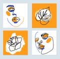 Surreal Face painting. One Line art posters. Female contour silhouette, rose, monstera leaf. Continuous drawing