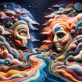 Surreal faces in colorful abstract landscape