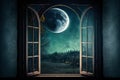 Surreal fairy tale art background view from room, creative digital illustration painting