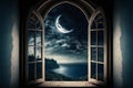 Surreal fairy tale art background view from room, creative digital illustration painting