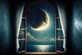 Surreal fairy tale art background view from room, digital illustration painting artwork