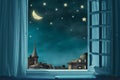 Surreal fairy tale art background, view from room with open window, night sky with moon and stars
