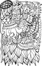 Surreal fantastic doodle pattern. Adult coloring page. Bohemian and hippie style. Psychedelic artwork. Vector illustration