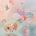 Surreal fantasy illustration of beautiful pastel flowers, birds and colorful glass spheres floating in the water.