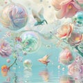 Surreal fantasy illustration of beautiful pastel flowers, birds and colorful glass spheres floating in the water.