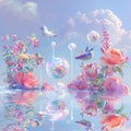 Surreal fantasy illustration of beautiful pastel flowers, birds and colorful glass spheres floating in the water.