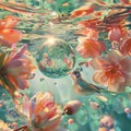 Surreal fantasy illustration of beautiful pastel flowers, birds and colorful glass spheres floating in the water.