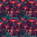 Surreal fantasy land with large forest full of magical mushrooms. AI generative illustration