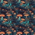 Surreal fantasy land with large forest full of magical mushrooms. AI generative illustration