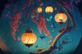 surreal fantasy lanterns on tree with birds, colorful lanterns glowing brightly hanging on branches, neural network