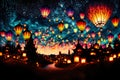 surreal fantasy massive lantern festival, colorful ballon lanterns glowing above starry night landscape, neural network