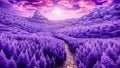 A Surreal, Fantasy Style Purple Lavender Field under the Sunset, Complemented by Trees and Mountains, Generative AI