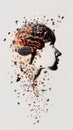 Surreal female silhouette with exploding brain and musical elements