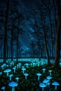 A surreal field of bioluminescent mushrooms under a starry night sky,