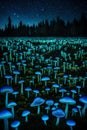 A surreal field of bioluminescent mushrooms under a starry night sky, casting an otherworldly glow in the dark forest