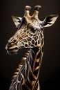 Surreal figure of a giraffe. Metal material with golden details. Black background.
